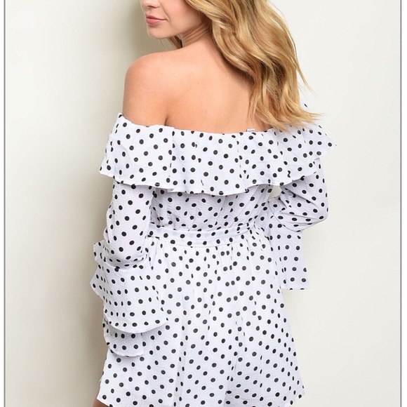 Off Shoulder Black/White Polka Dot Romper - Picture 2 of 2